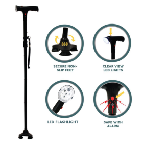 Adjustable Walking Stick Cane With LED Flashlight SOS Alarm Button For Senior Travel Hiking Trekking Pole Folding Crutch Handle Strap 5 Gears