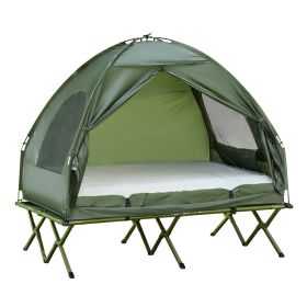 Outsunny 2-Person Foldable Camping Cot, Portable Outdoor w/ Bedspread & Thick Air Mattress, 4-In-1 Elevated Camping Bed Tent for Hiking, Picnic, Green