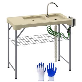 Folding Fish Cleaning Table With Sinks, Portable Camping Sink Table With Faucet, Drainage Hose, Sprayer, Shelf, Drawer And Storage Basket, Outdoo (Option: Beige)