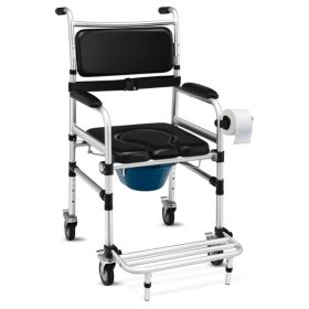 2-in-1 Aluminum Commode Shower Wheelchair Bath/Toilet Use, Adjustable Height (38"-42"), Foldable Pedal, Aluminum Alloy Frame, Soft Sponge Cushion (Option: Default Title)