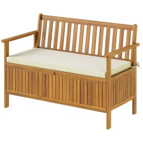 Outdoor Bench with Storage Compartment, Acacia Wood Patio Bench with Cushion, 2 Seater Garden Bench, Teak (Option: Teak-1200x635x205 mm)