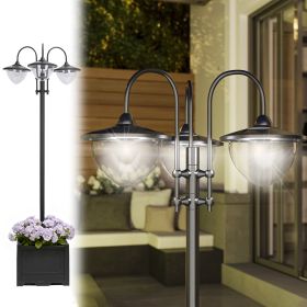 74.5" 3-head Solar Lamp Post Street Light with Planter, Solar Pole Lights Outdoor Waterproof LED Lighting for Backyard Pathway Patio Lawn Drivew (Option: Black-440x440x355 mm)