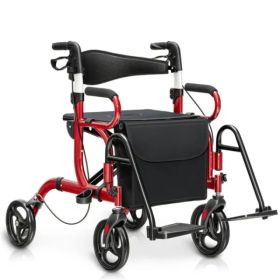 2-in-1 Rolling Walker & Wheelchair : 6-Position Height Adjustment (34"-39"), 8" PVC Wheels, Folding Design for Elderly/Injured-Red (Option: Default Title)