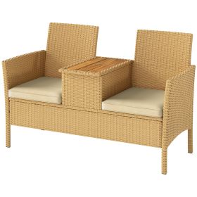 Patio Sofa Wicker Loveseat with Built-in Flip-Top Coffee Table and Cushions for Balcony, Garden, Lawn, Backyard, Khaki (Option: Khaki-1250x680x190 mm)