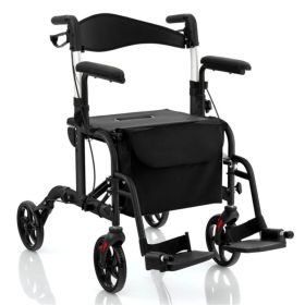 2-in-1 Rollator Walker & Wheelchair (300lbs): 6-Level Adjustable Handles, 1-Hand Folding, Storage Bag + Cane Holder for Elderly-Black (Option: Default Title)