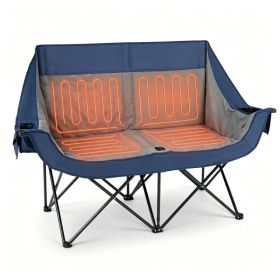 Navy Dual Person Heated Folding Camping Chair 4 Heating Zones 3 Temperature Levels, Heavy Duty 660 LBS Double Outdoor Loveseat with Cup Holders S (Option: Default Title)