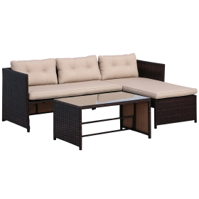 3 Piece Patio Furniture Set, Rattan Outdoor Sofa Set with Chaise Lounge & Loveseat, Soft Cushions, Tempered Glass Table, L-Shaped Sectional Couc (Option: Beige-1290x660x350 mm)