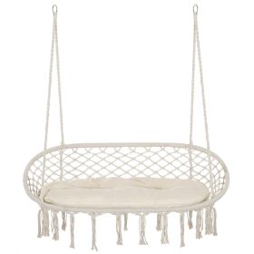 2-Person Hammock Chair Macrame Swing with Soft Cushion, Hanging Cotton Rope Chair for Indoor Outdoor Home Patio Backyard, White (Option: Cream White-1330x810x50 mm)